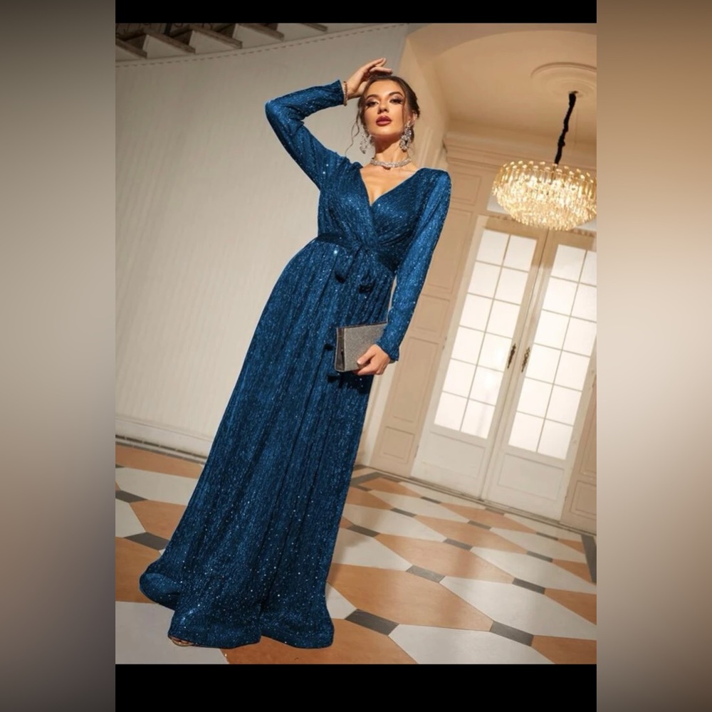 Belted maxi glitter dress